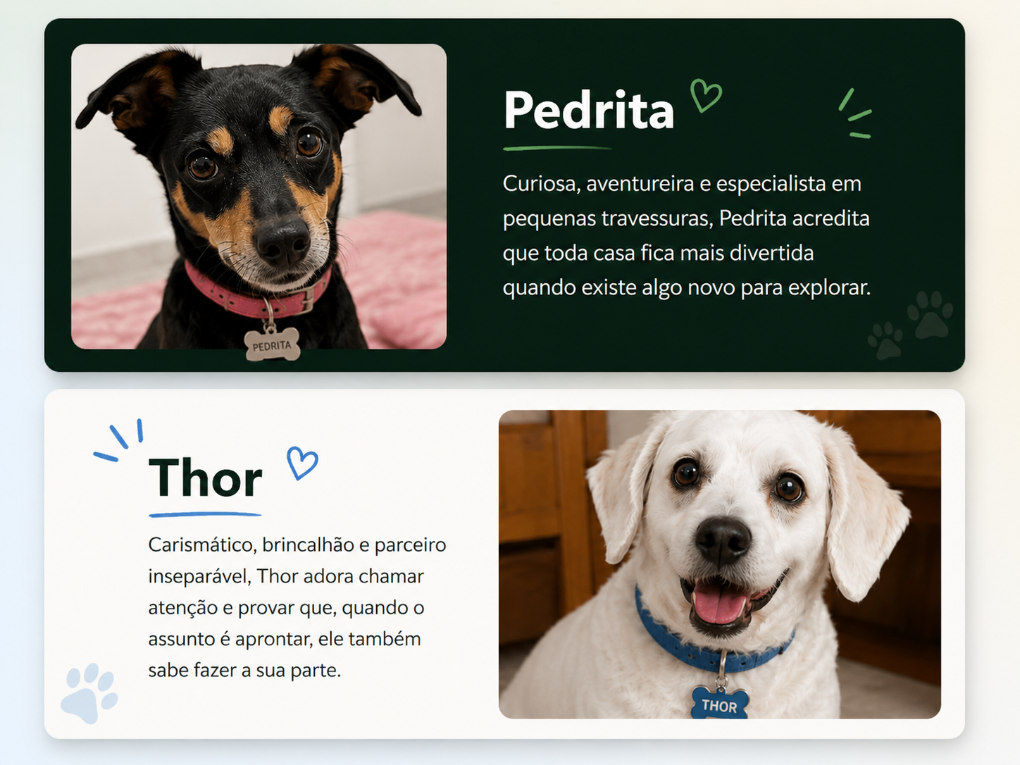 Pedrita e Thor em cards com suas fotos e descricoes